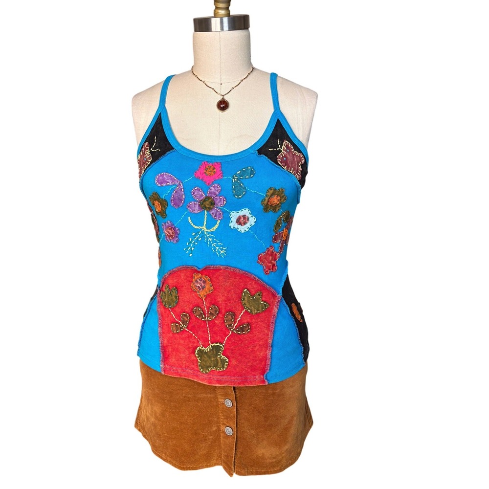 Boho Patchwork Floral Embroidered Rising International Tank Top Medium Blue